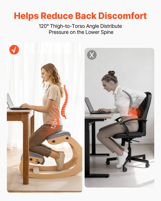 Ergonomic Kneeling Chair, Wooden Posture Knee Chair with Adjustable Thick Foam Cushions & Solid Wood Frame, Adjustable Height, Relief for Neck or Back Pain for Home, Office or Meditation, Gray