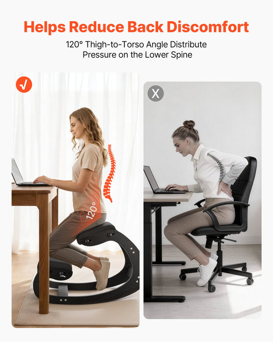 Ergonomic Kneeling Chair, Wooden Posture Knee Chair with Adjustable Thick Foam Cushions & Solid Wood Frame, Adjustable Height, Relief for Neck or Back Pain for Home, Office or Meditation, Black