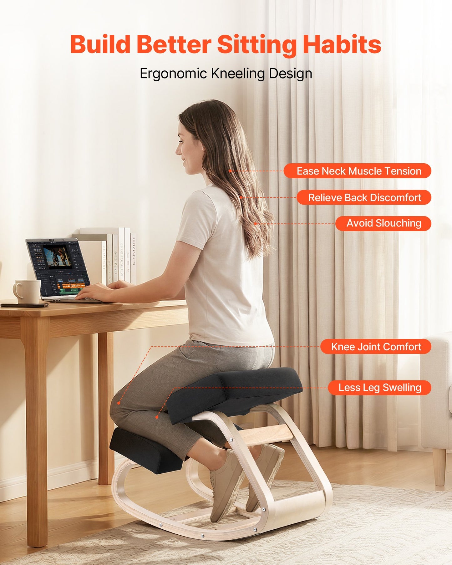 Ergonomic Kneeling Chair, Wooden Posture Knee Chair with Thick Foam Cushions and Solid Wood Frame, Adjustable Height, Natural Relief for Neck or Back Pain, Ideal for Home, Office or Meditation