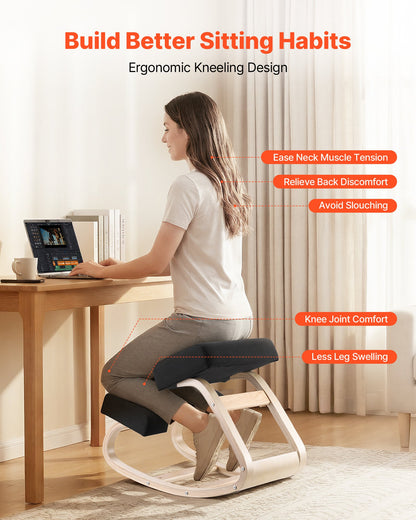 Ergonomic Kneeling Chair, Wooden Posture Knee Chair with Thick Foam Cushions and Solid Wood Frame, Adjustable Height, Natural Relief for Neck or Back Pain, Ideal for Home, Office or Meditation