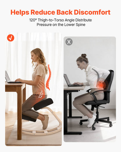 Ergonomic Kneeling Chair, Wooden Posture Knee Chair with Thick Foam Cushions and Solid Wood Frame, Adjustable Height, Natural Relief for Neck or Back Pain, Ideal for Home, Office or Meditation
