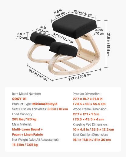 Ergonomic Kneeling Chair, Wooden Posture Knee Chair with Thick Foam Cushions and Solid Wood Frame, Adjustable Height, Natural Relief for Neck or Back Pain, Ideal for Home, Office or Meditation