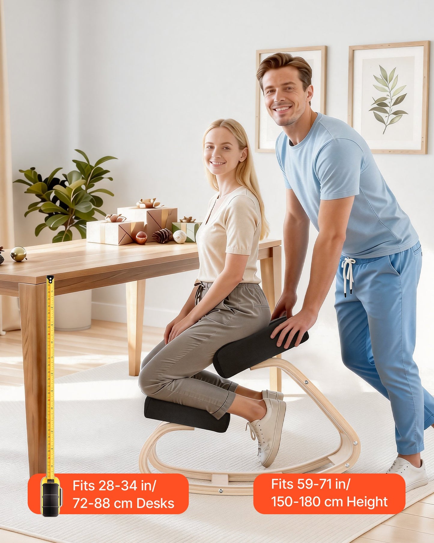 Ergonomic Kneeling Chair, Wooden Posture Knee Chair with Thick Foam Cushions and Solid Wood Frame, Adjustable Height, Natural Relief for Neck or Back Pain, Ideal for Home, Office or Meditation