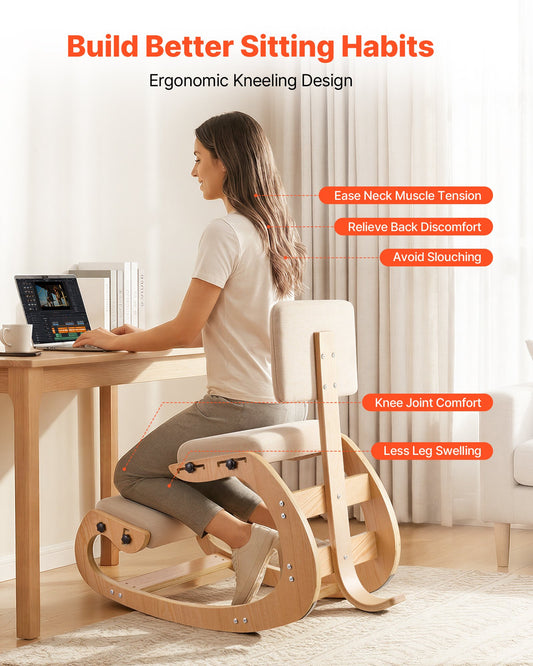 Ergonomic Kneeling Chair, Wooden Posture Knee Chair with Adjustable Thick Foam Cushions, Backrest and Wood Frame, Adjustable Height, Relief for Neck or Back Pain for Home, Office or Meditation
