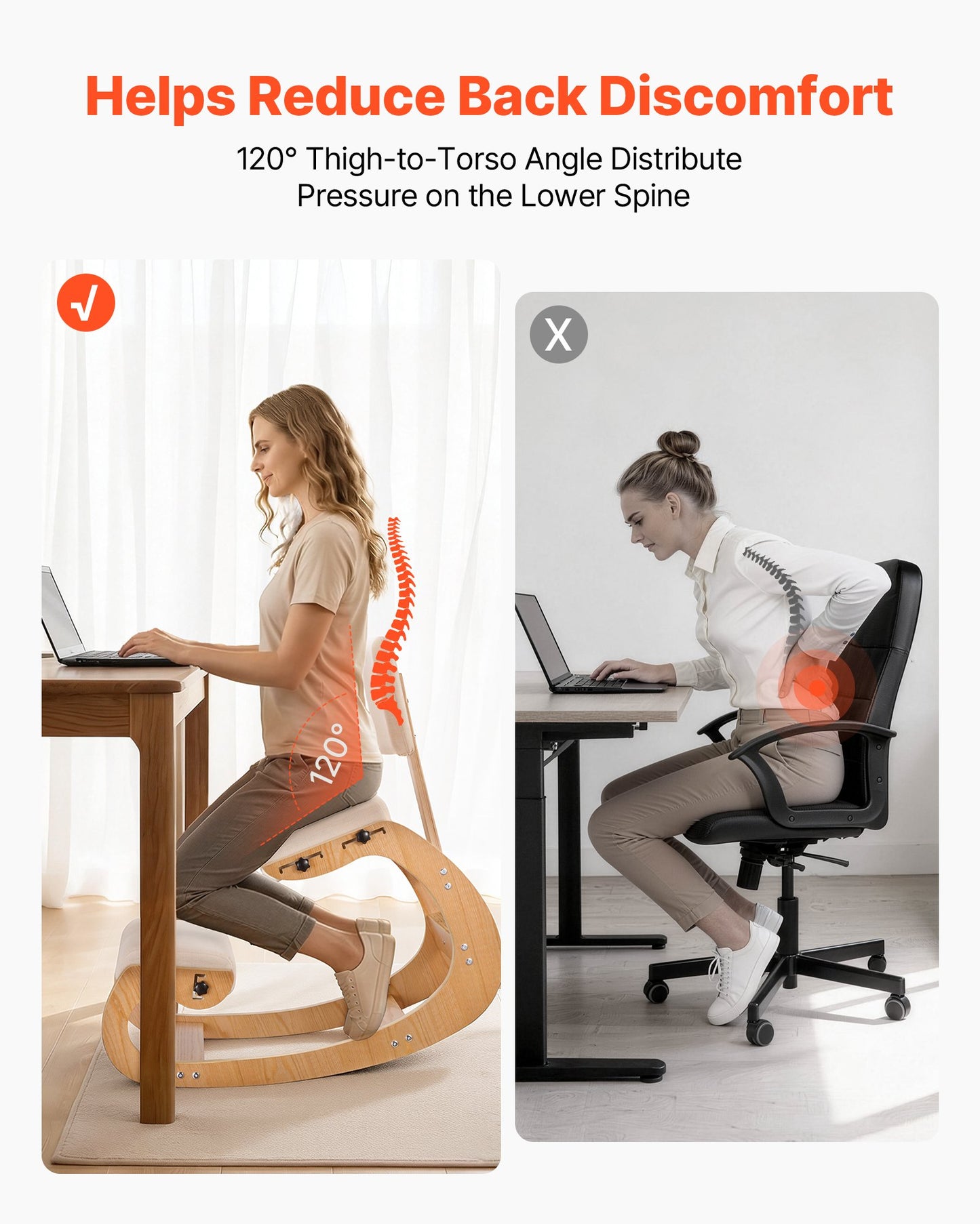 Ergonomic Kneeling Chair, Wooden Posture Knee Chair with Adjustable Thick Foam Cushions, Backrest and Wood Frame, Adjustable Height, Relief for Neck or Back Pain for Home, Office or Meditation