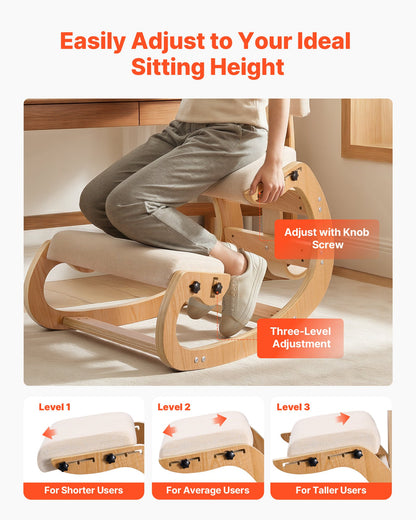 Ergonomic Kneeling Chair, Wooden Posture Knee Chair with Adjustable Thick Foam Cushions, Backrest and Wood Frame, Adjustable Height, Relief for Neck or Back Pain for Home, Office or Meditation