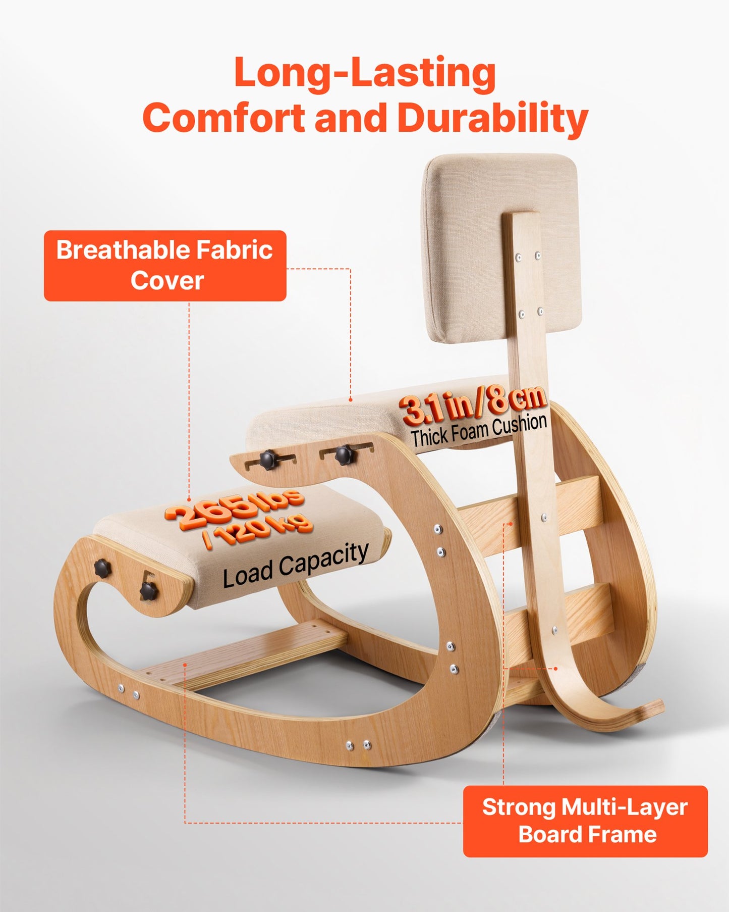 Ergonomic Kneeling Chair, Wooden Posture Knee Chair with Adjustable Thick Foam Cushions, Backrest and Wood Frame, Adjustable Height, Relief for Neck or Back Pain for Home, Office or Meditation