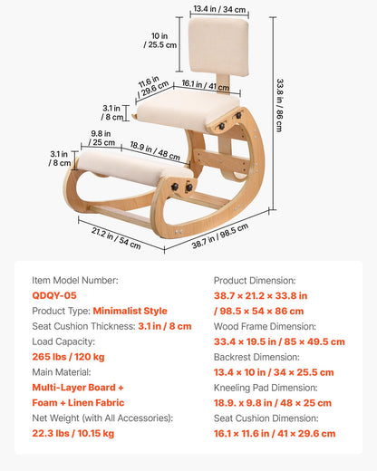 Ergonomic Kneeling Chair, Wooden Posture Knee Chair with Adjustable Thick Foam Cushions, Backrest and Wood Frame, Adjustable Height, Relief for Neck or Back Pain for Home, Office or Meditation