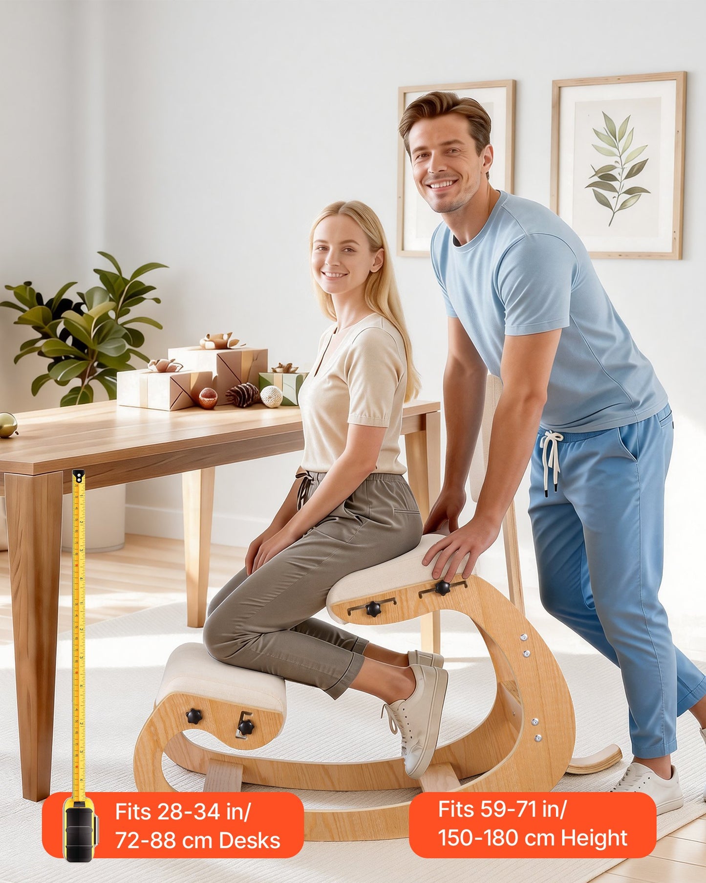 Ergonomic Kneeling Chair, Wooden Posture Knee Chair with Adjustable Thick Foam Cushions, Backrest and Wood Frame, Adjustable Height, Relief for Neck or Back Pain for Home, Office or Meditation