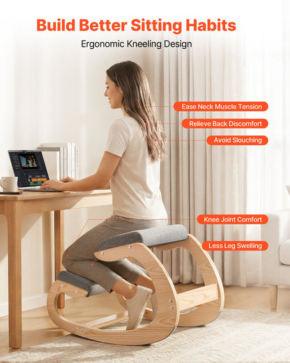 Ergonomic Kneeling Chair, Wooden Posture Knee Chair with Thick Foam Cushions and Solid Wood Frame, Adjustable Height, Natural Relief for Neck or Back Pain for Home, Office or Meditation, Gray