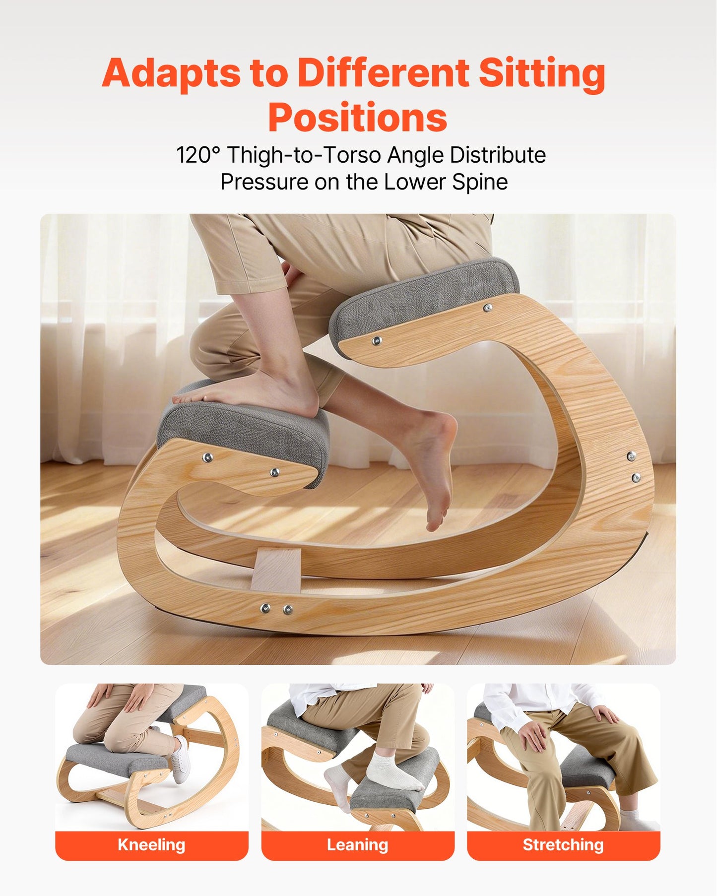Ergonomic Kneeling Chair, Wooden Posture Knee Chair with Thick Foam Cushions and Solid Wood Frame, Adjustable Height, Natural Relief for Neck or Back Pain for Home, Office or Meditation, Gray