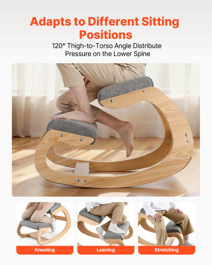 Ergonomic Kneeling Chair, Wooden Posture Knee Chair with Thick Foam Cushions and Solid Wood Frame, Adjustable Height, Natural Relief for Neck or Back Pain for Home, Office or Meditation, Gray