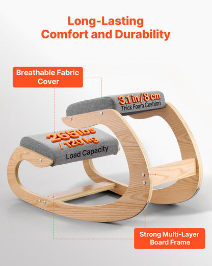 Ergonomic Kneeling Chair, Wooden Posture Knee Chair with Thick Foam Cushions and Solid Wood Frame, Adjustable Height, Natural Relief for Neck or Back Pain for Home, Office or Meditation, Gray