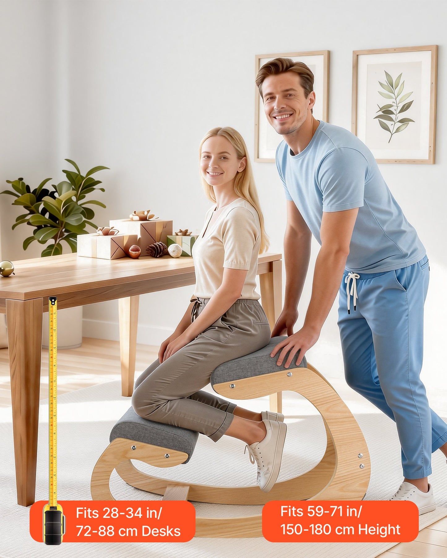 Ergonomic Kneeling Chair, Wooden Posture Knee Chair with Thick Foam Cushions and Solid Wood Frame, Adjustable Height, Natural Relief for Neck or Back Pain for Home, Office or Meditation, Gray