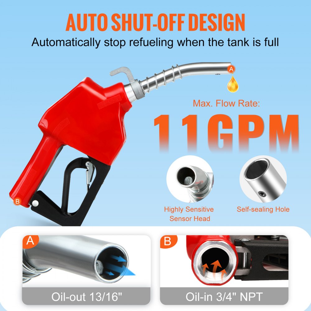 VEVOR Automatic Fuel Nozzle, 3/4" NPT Inlet Thread & 13/16" Spout, 11 GPM Max Flow Rate, Auto Shut Off, Aluminum & PVC Gas Pump Handle with 360° Swivel for Gasoline Diesel Kerosene Biodiesel Refilling
