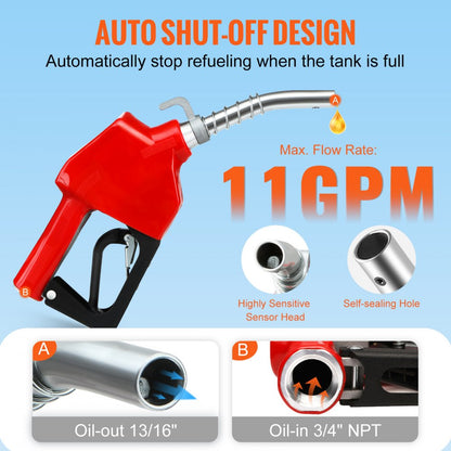 VEVOR Automatic Fuel Nozzle, 3/4" NPT Inlet Thread & 13/16" Spout, 11 GPM Max Flow Rate, Auto Shut Off, Aluminum & PVC Gas Pump Handle with 360° Swivel for Gasoline Diesel Kerosene Biodiesel Refilling