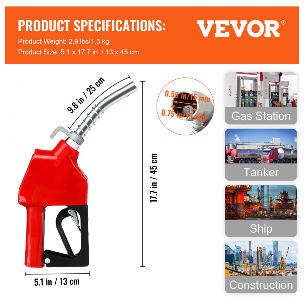 VEVOR Automatic Fuel Nozzle, 3/4" NPT Inlet Thread & 13/16" Spout, 11 GPM Max Flow Rate, Auto Shut Off, Aluminum & PVC Gas Pump Handle with 360° Swivel for Gasoline Diesel Kerosene Biodiesel Refilling