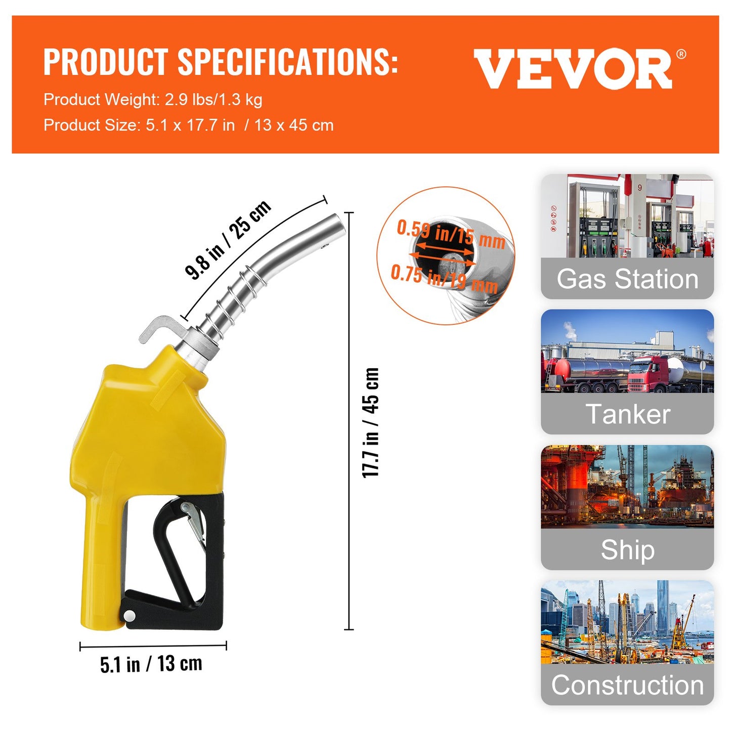 VEVOR Automatic Fuel Nozzle, 3/4" NPT Inlet Thread & 13/16" Spout, 11 GPM Max Flow