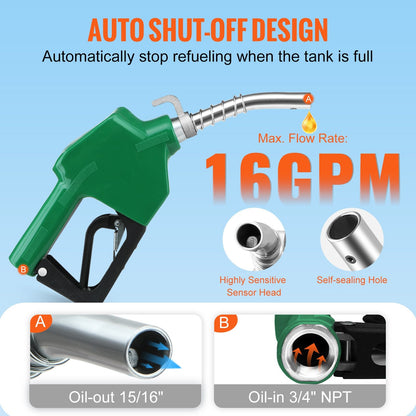 Automatic Fuel Nozzle with 15/16" Spout, 16 GPM Flow, Aluminum & PVC, Green