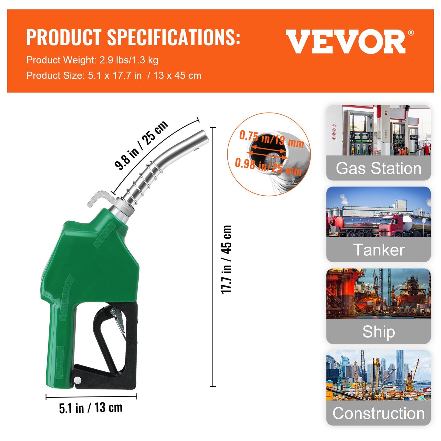 VEVOR Automatic Fuel Nozzle, 3/4" NPT Inlet Thread & 15/16" Spout, 16 GPM Max Flow