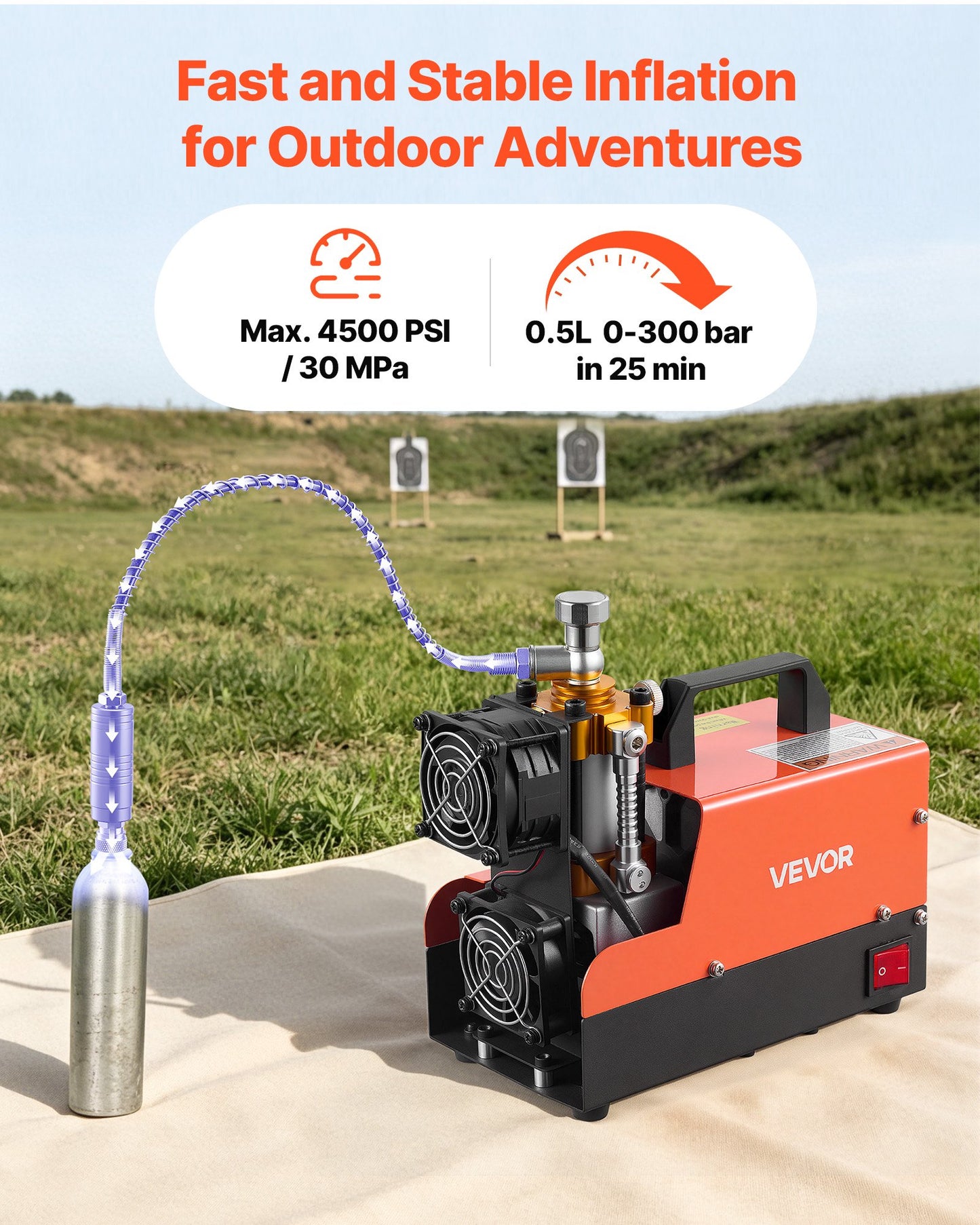 PCP Air Compressor 4500PSI PCP Airgun Compressor & External Converter, Manual Stop 250W DC12V/AC230V Portable Paintball Tank Compressors for Air Rifle, Scuba Diving Bottle