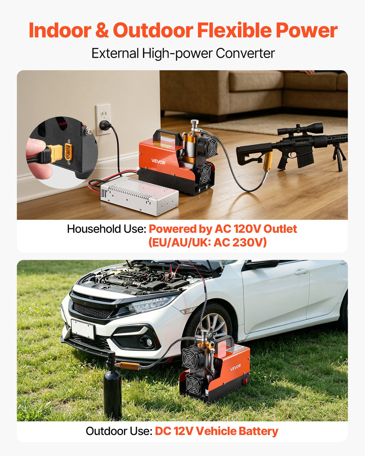 PCP Air Compressor 4500PSI PCP Airgun Compressor & External Converter, Manual Stop 250W DC12V/AC230V Portable Paintball Tank Compressors for Air Rifle, Scuba Diving Bottle