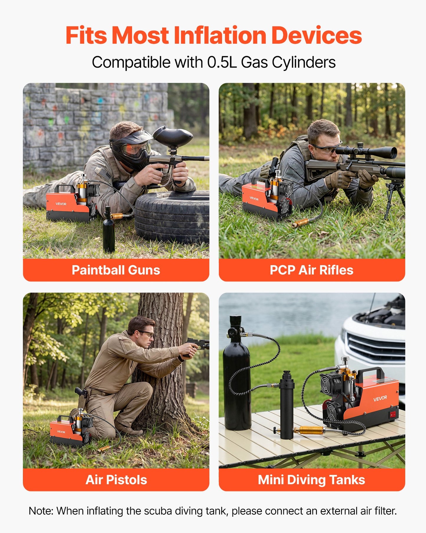 PCP Air Compressor 4500PSI PCP Airgun Compressor & External Converter, Manual Stop 250W DC12V/AC230V Portable Paintball Tank Compressors for Air Rifle, Scuba Diving Bottle