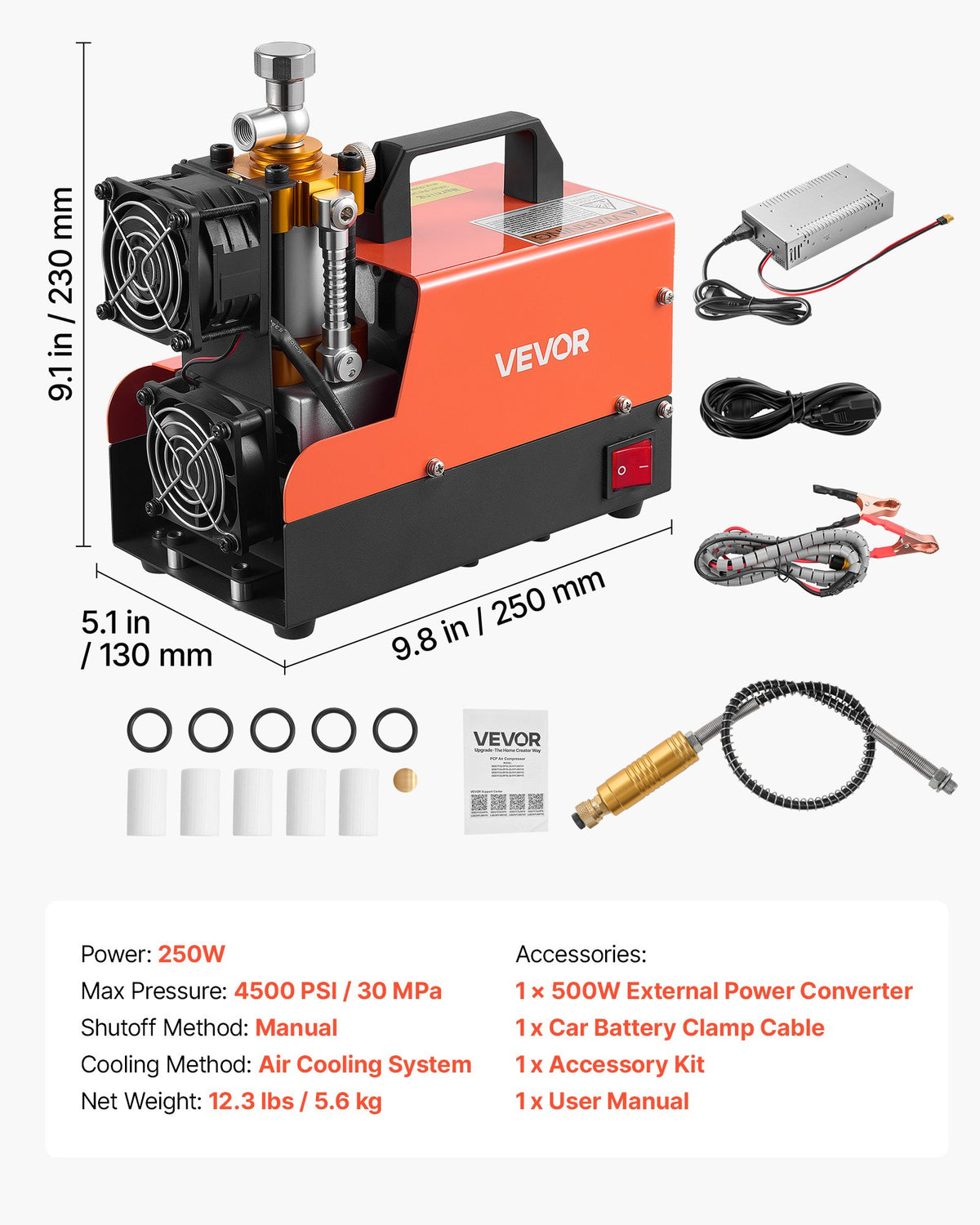 PCP Air Compressor 4500PSI PCP Airgun Compressor & External Converter, Manual Stop 250W DC12V/AC230V Portable Paintball Tank Compressors for Air Rifle, Scuba Diving Bottle