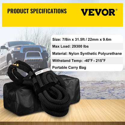 Heavy Duty Kinetic Recovery Rope, 22 mm x 9.6 m, 13,290 kg Strength, Black