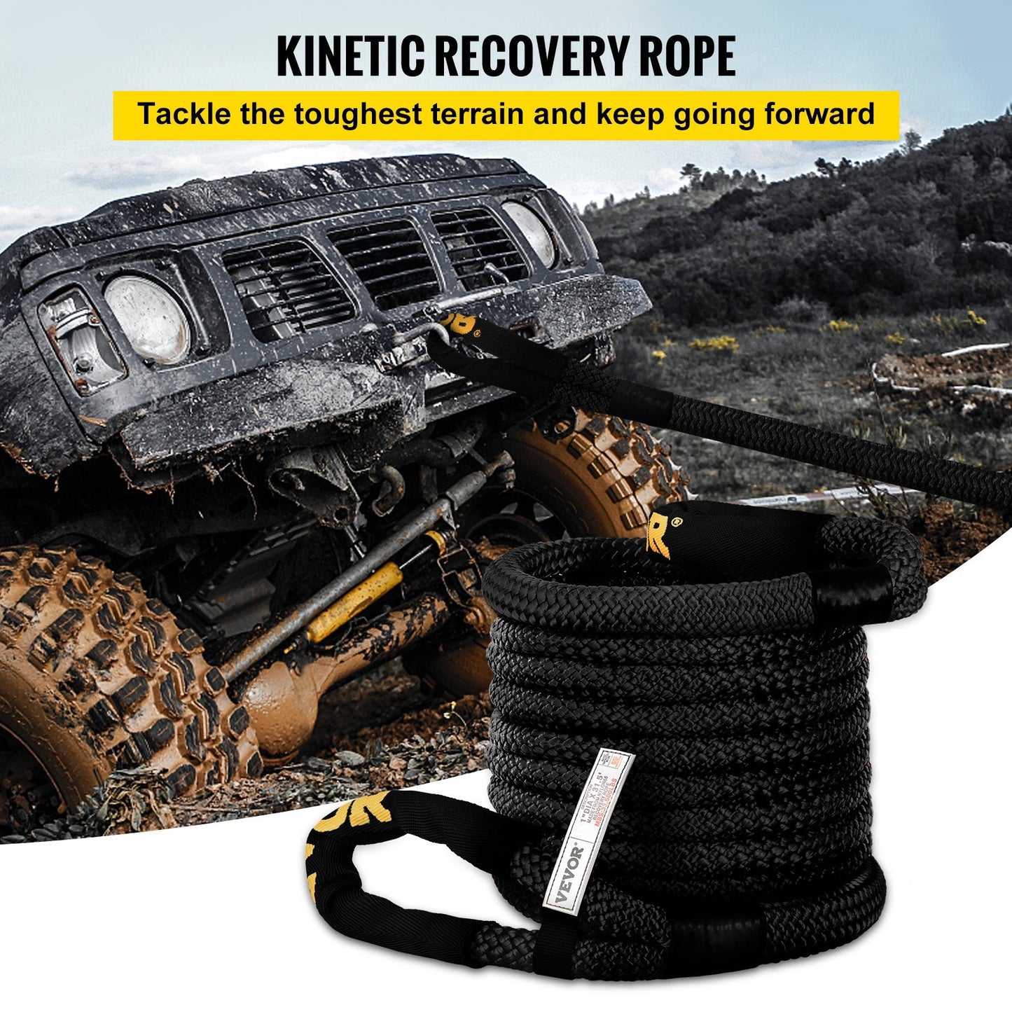 Heavy Duty 25.5mm x 9.6m Kinetic Tow Rope, 15.2t, with Loops & Sleeves