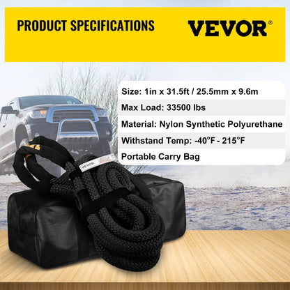Heavy Duty 25.5mm x 9.6m Kinetic Tow Rope, 15.2t, with Loops & Sleeves