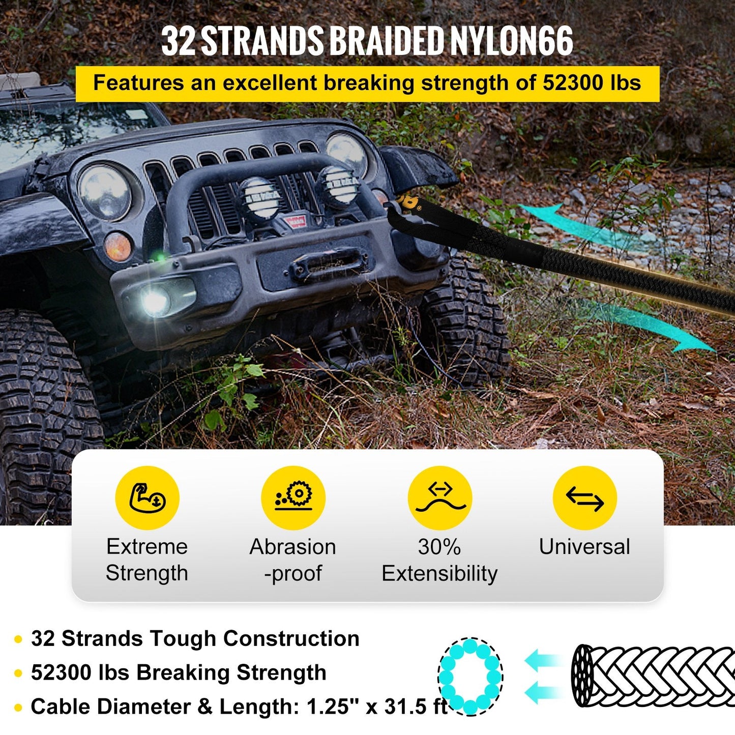 Heavy Duty Nylon Kinetic Recovery & Tow Rope, 32mm x 9.6m, 23,723kg Strength