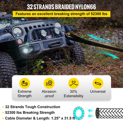 Heavy Duty Nylon Kinetic Recovery & Tow Rope, 32mm x 9.6m, 23,723kg Strength