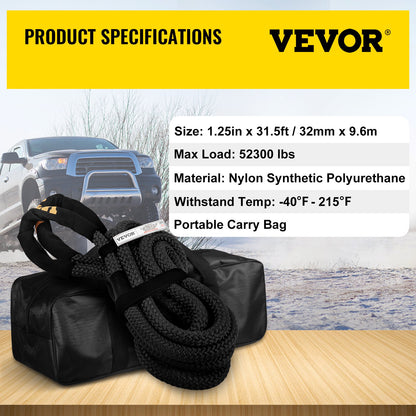 VEVOR 1-1/4\" x 31.5\' Kinetic Recovery & Tow Rope, 23723kgs, Heavy Duty Nylon Double
