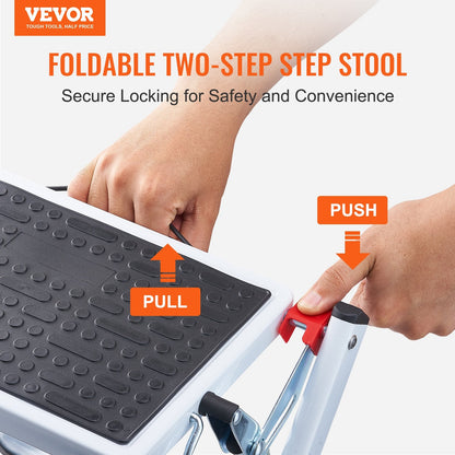 2-Step Ergonomic Folding Steel Ladder, 150kg Capacity, with Anti-Slip Pedals