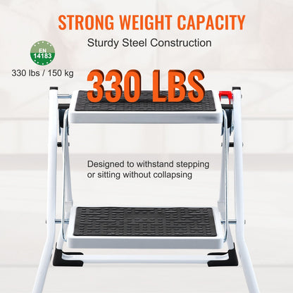 2-Step Ergonomic Folding Steel Ladder, 150kg Capacity, with Anti-Slip Pedals