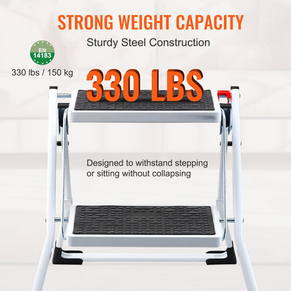 VEVOR Step Ladder 2-Step 150kg Capacity, Ergonomic Folding Steel Step Stool with