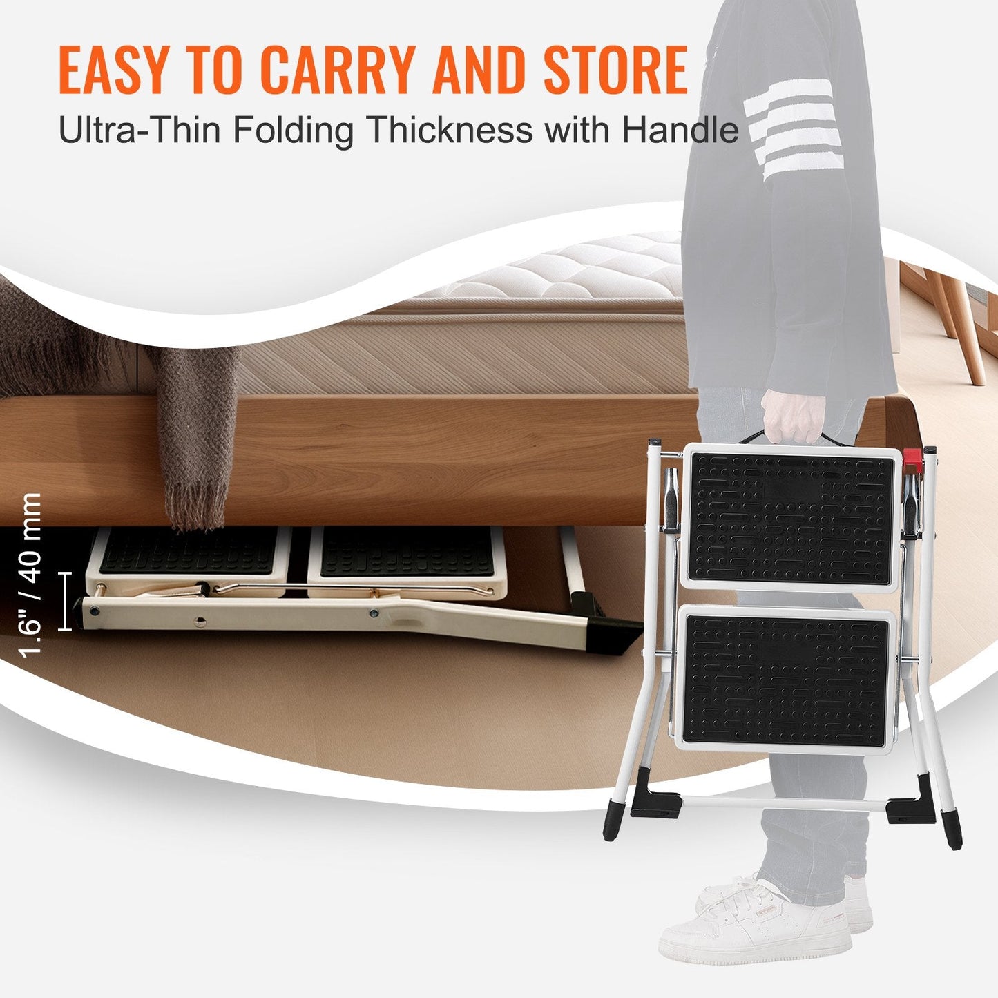 2-Step Ergonomic Folding Steel Ladder, 150kg Capacity, with Anti-Slip Pedals