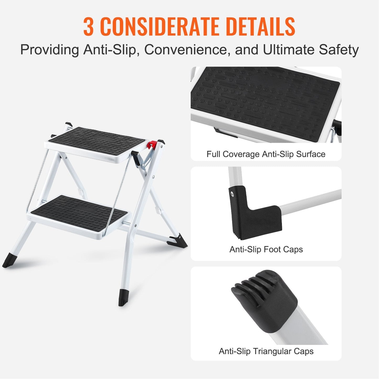 2-Step Ergonomic Folding Steel Ladder, 150kg Capacity, with Anti-Slip Pedals
