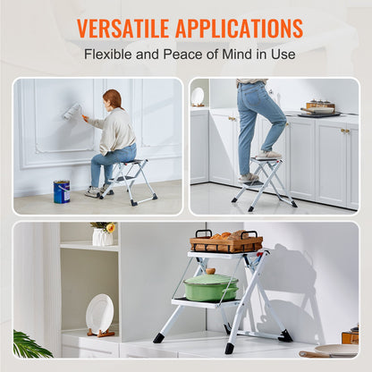 VEVOR Step Ladder 2-Step 150kg Capacity, Ergonomic Folding Steel Step Stool with