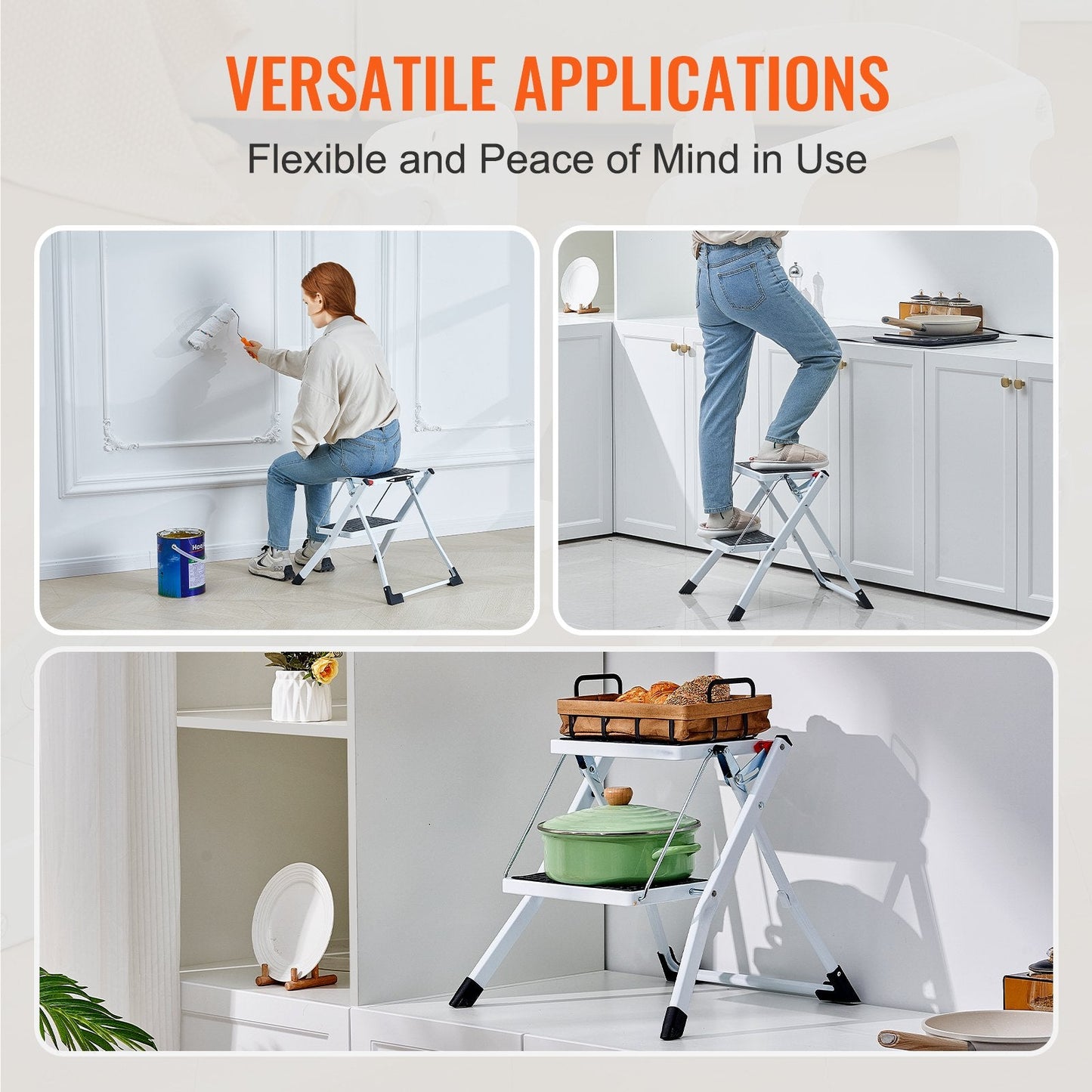2-Step Ergonomic Folding Steel Ladder, 150kg Capacity, with Anti-Slip Pedals