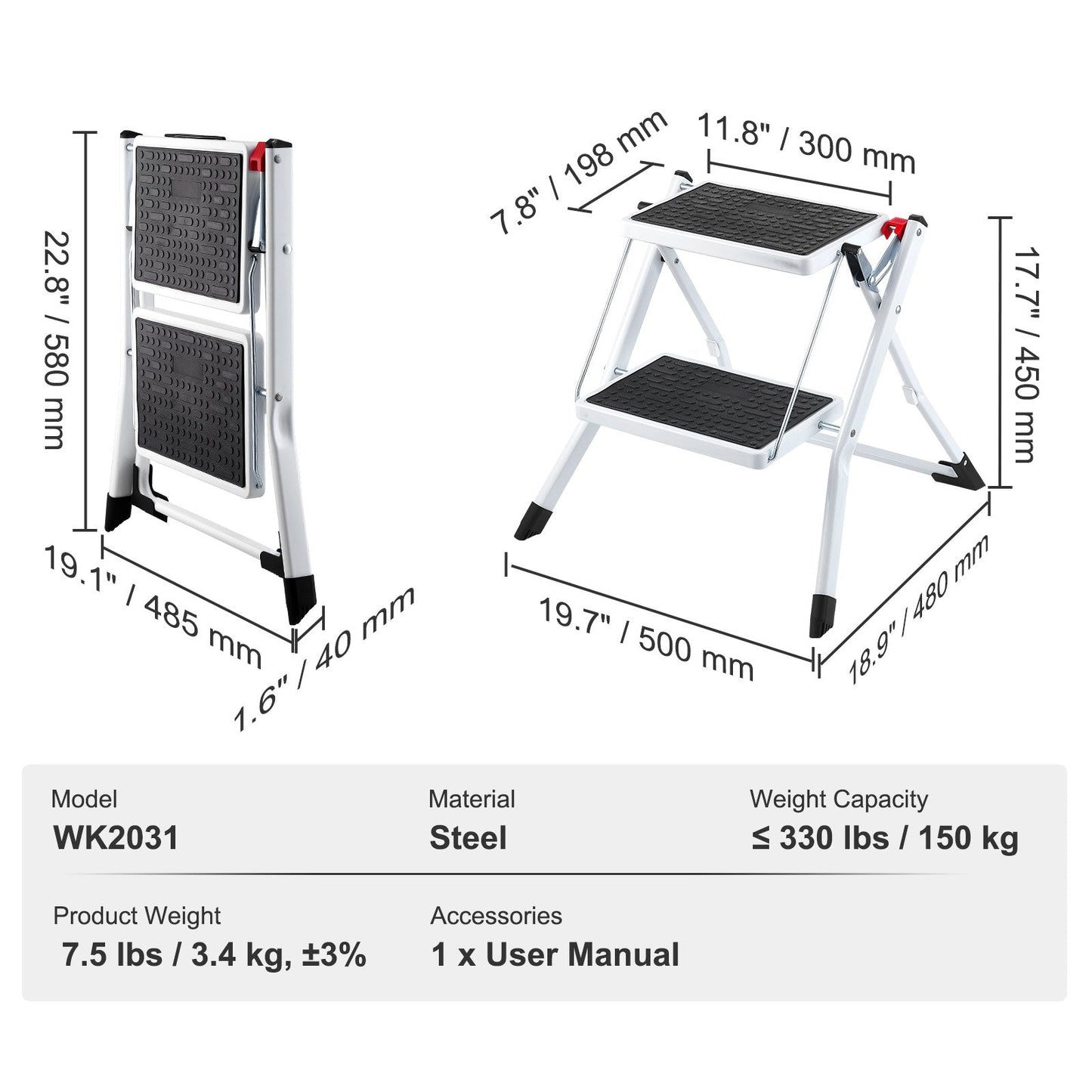 2-Step Ergonomic Folding Steel Ladder, 150kg Capacity, with Anti-Slip Pedals