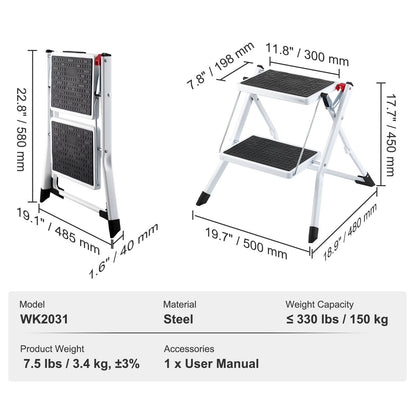 2-Step Ergonomic Folding Steel Ladder, 150kg Capacity, with Anti-Slip Pedals
