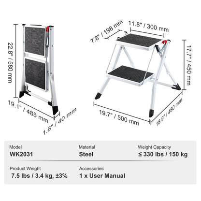 VEVOR Step Ladder 2-Step 150kg Capacity, Ergonomic Folding Steel Step Stool with