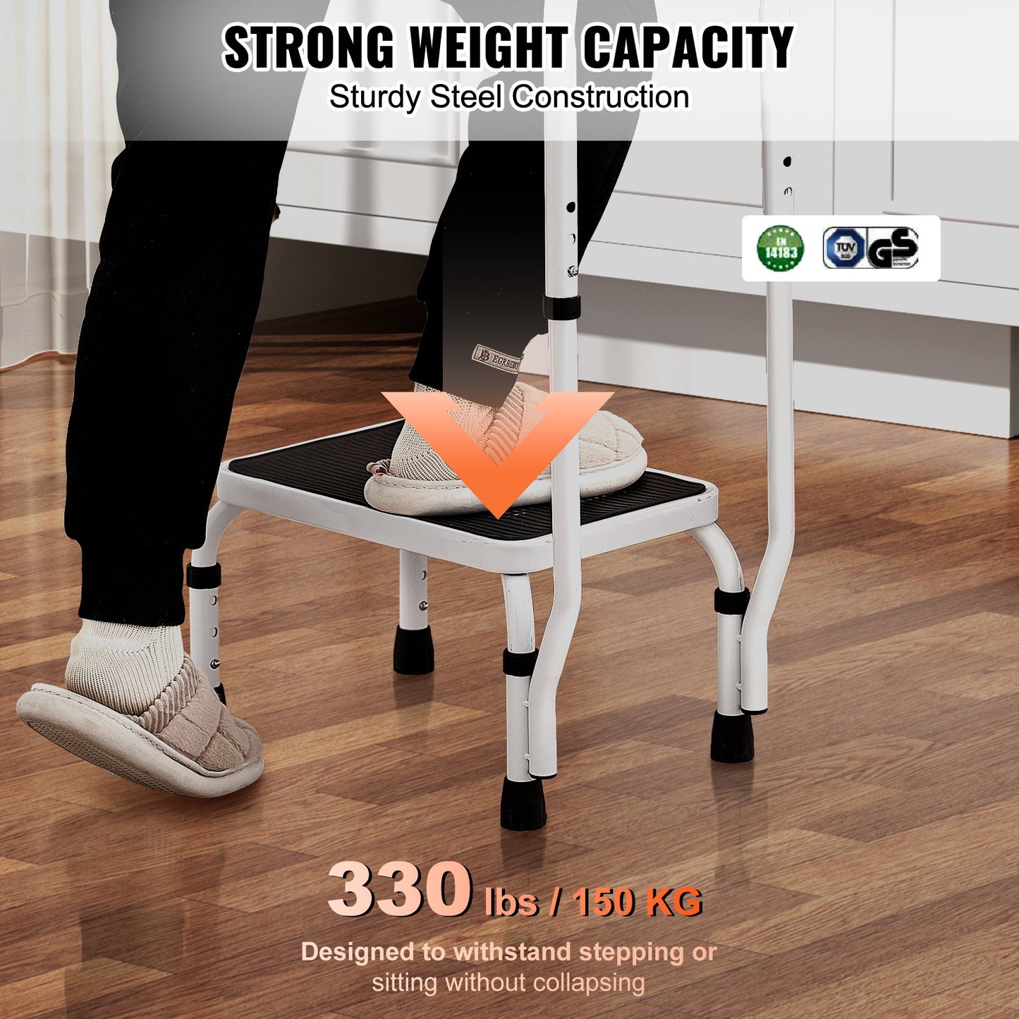VEVOR Step Stool 1-Step 150KG Capacity, 3 Adjustable Height with Handle Steel Step