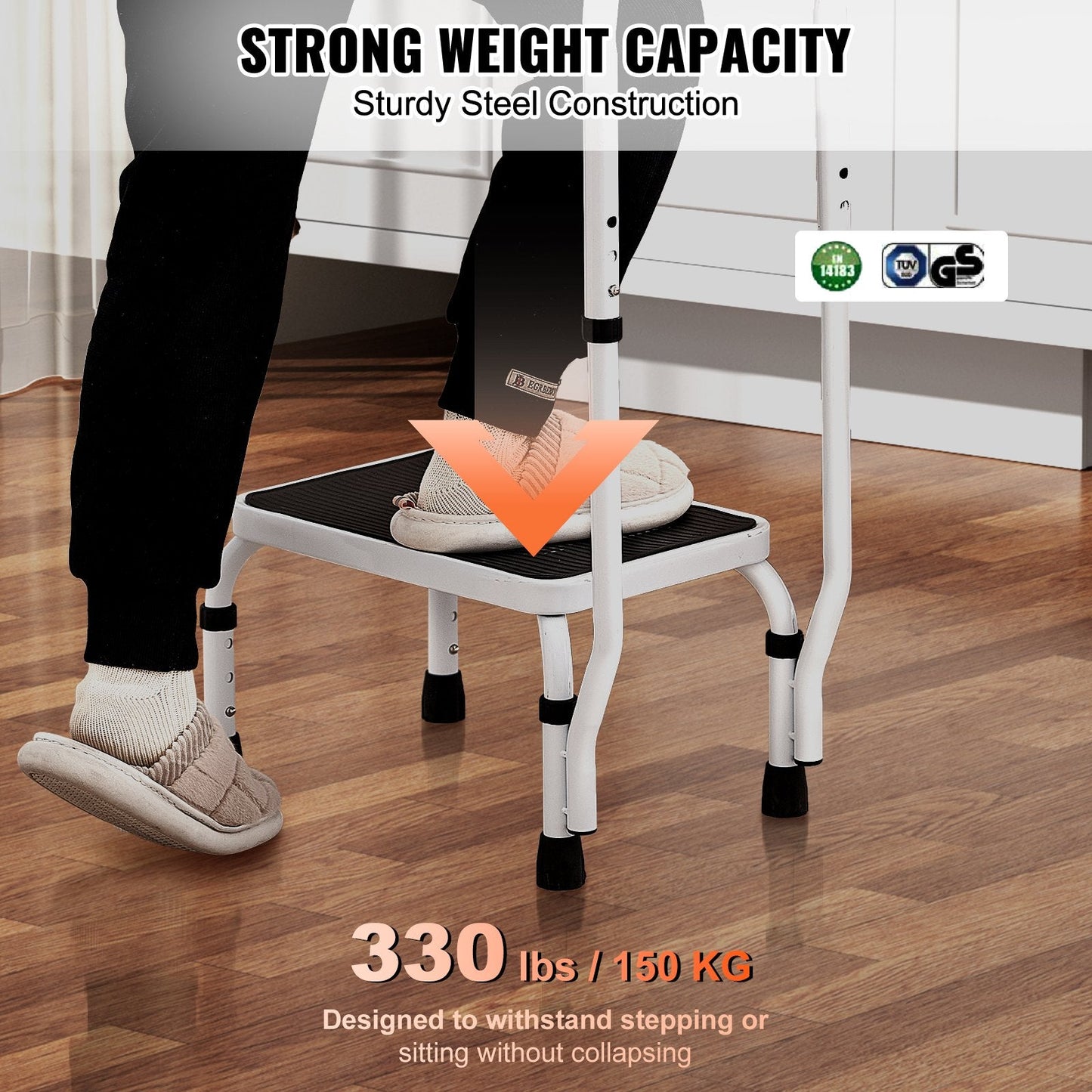 Adjustable Steel Step Stool with Handle, 1-Step, 150kg Capacity, Non-Slip Design