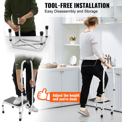 VEVOR Step Stool 1-Step 150KG Capacity, 3 Adjustable Height with Handle Steel Step