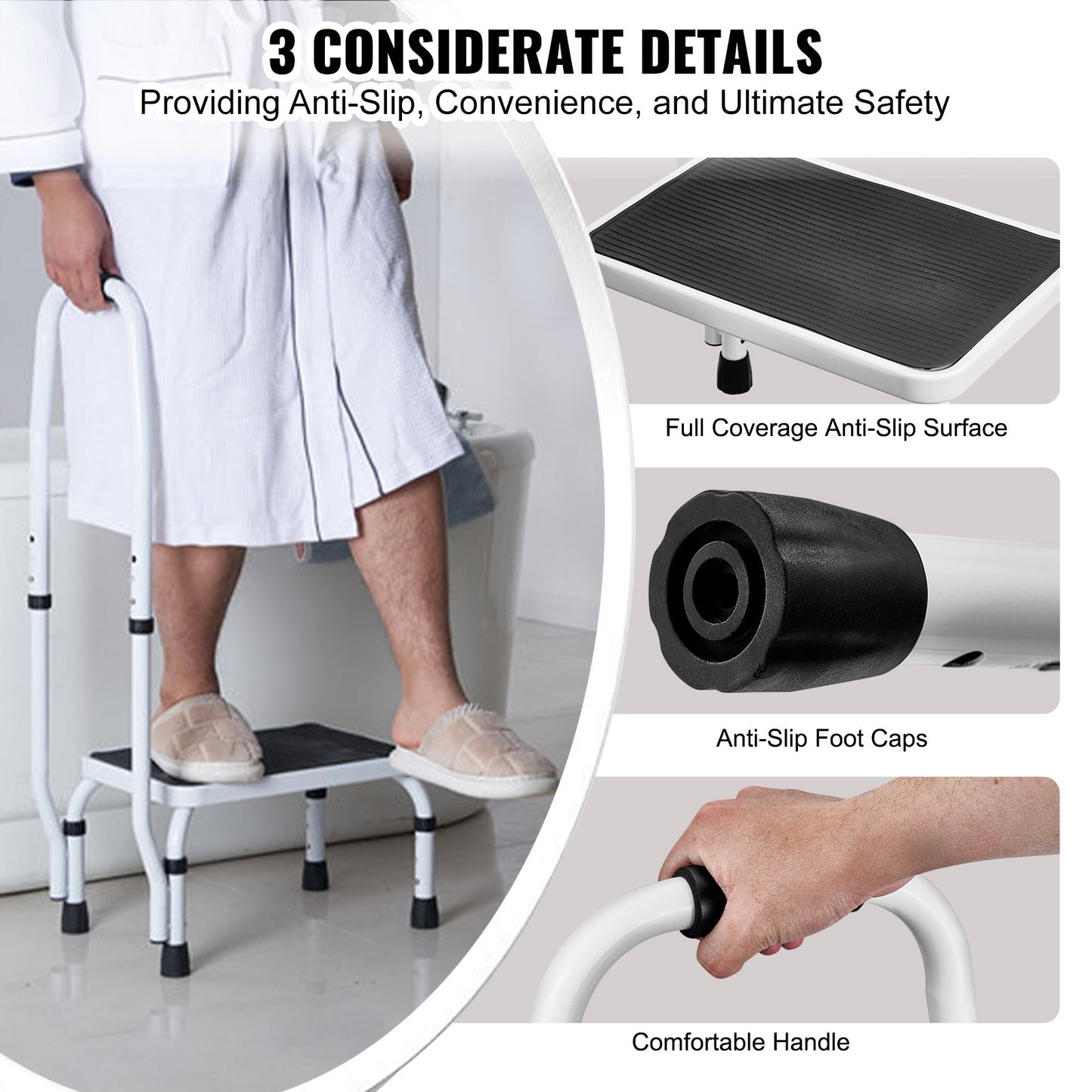 VEVOR Step Stool 1-Step 150KG Capacity, 3 Adjustable Height with Handle Steel Step