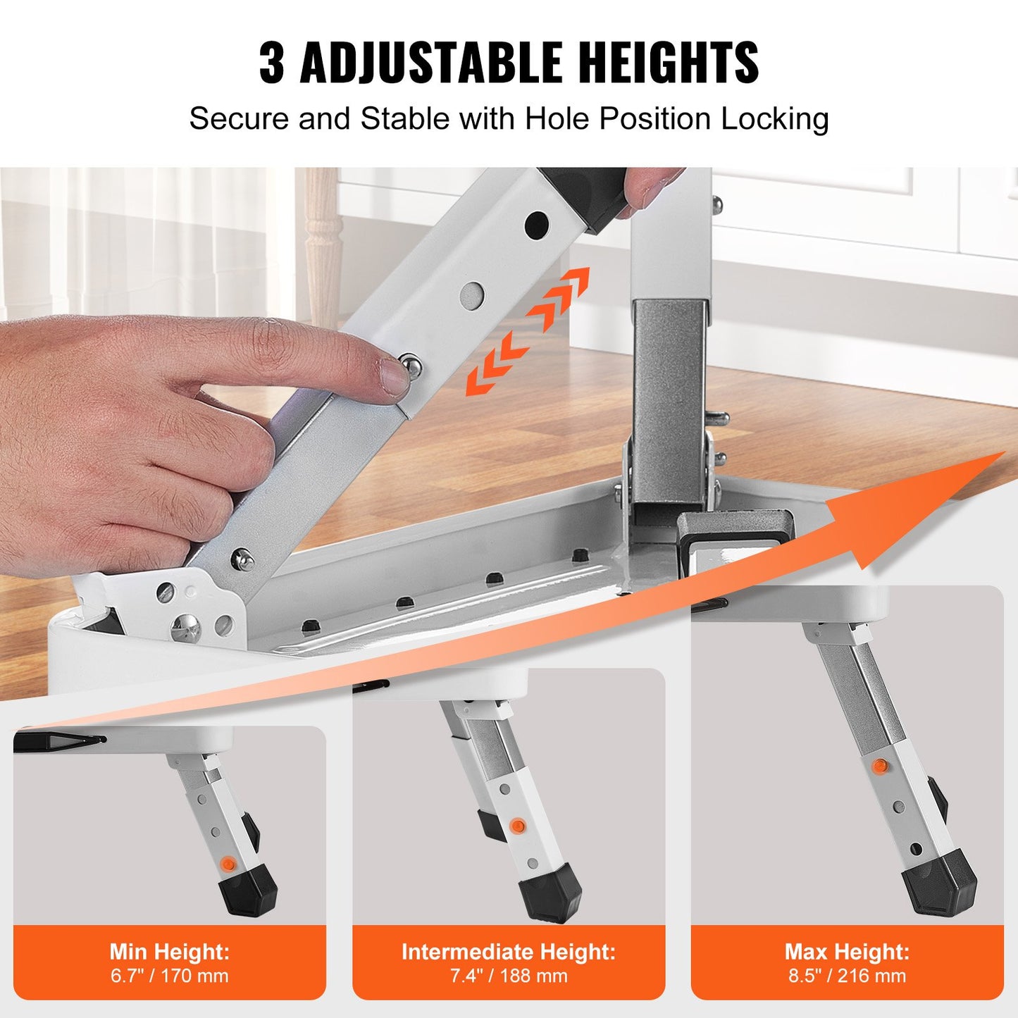 VEVOR Step Stool 1-Step 150KG Capacity, Folding Steel Step Ladder 3 Adjustable Height,
