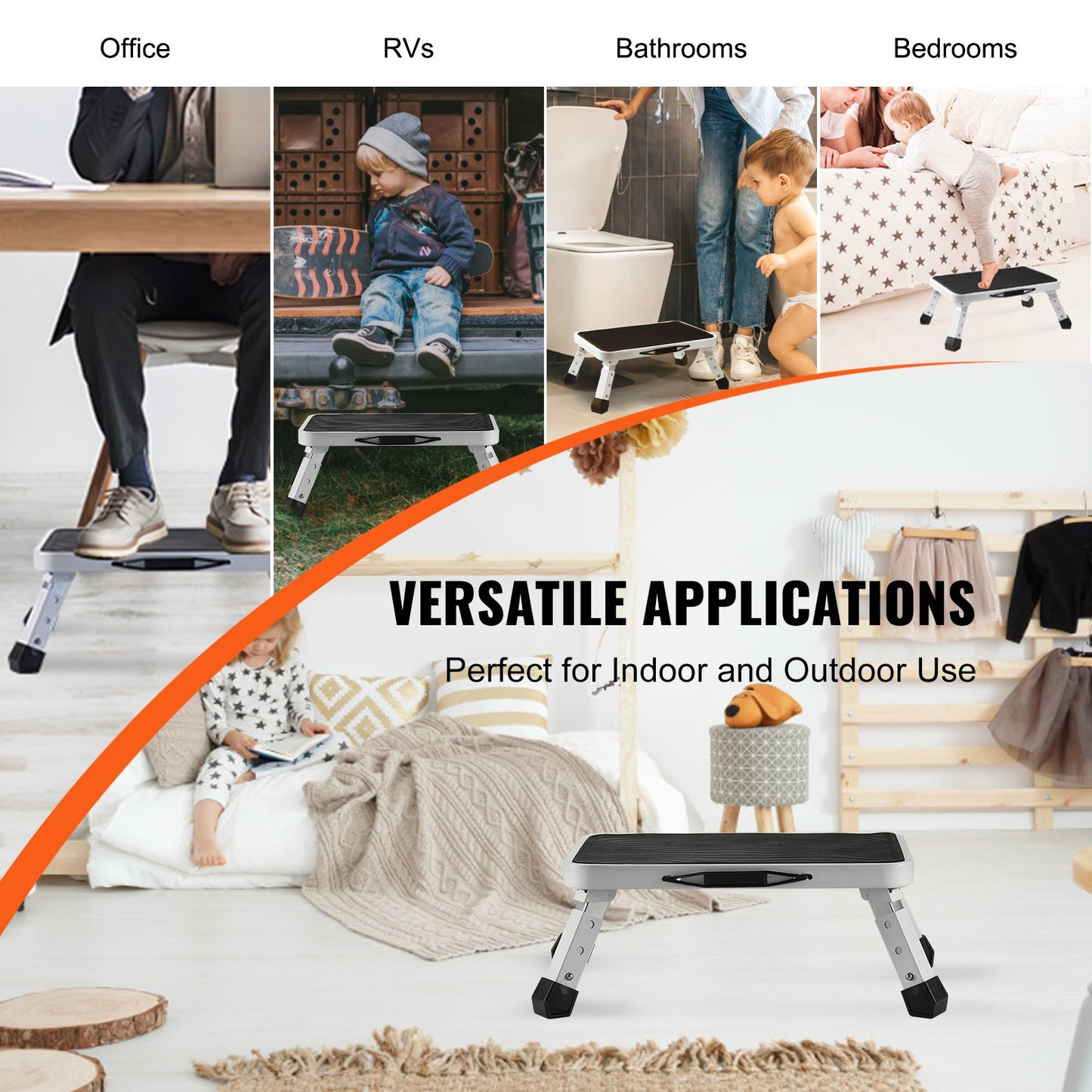 VEVOR Step Stool 1-Step 150KG Capacity, Folding Steel Step Ladder 3 Adjustable Height,